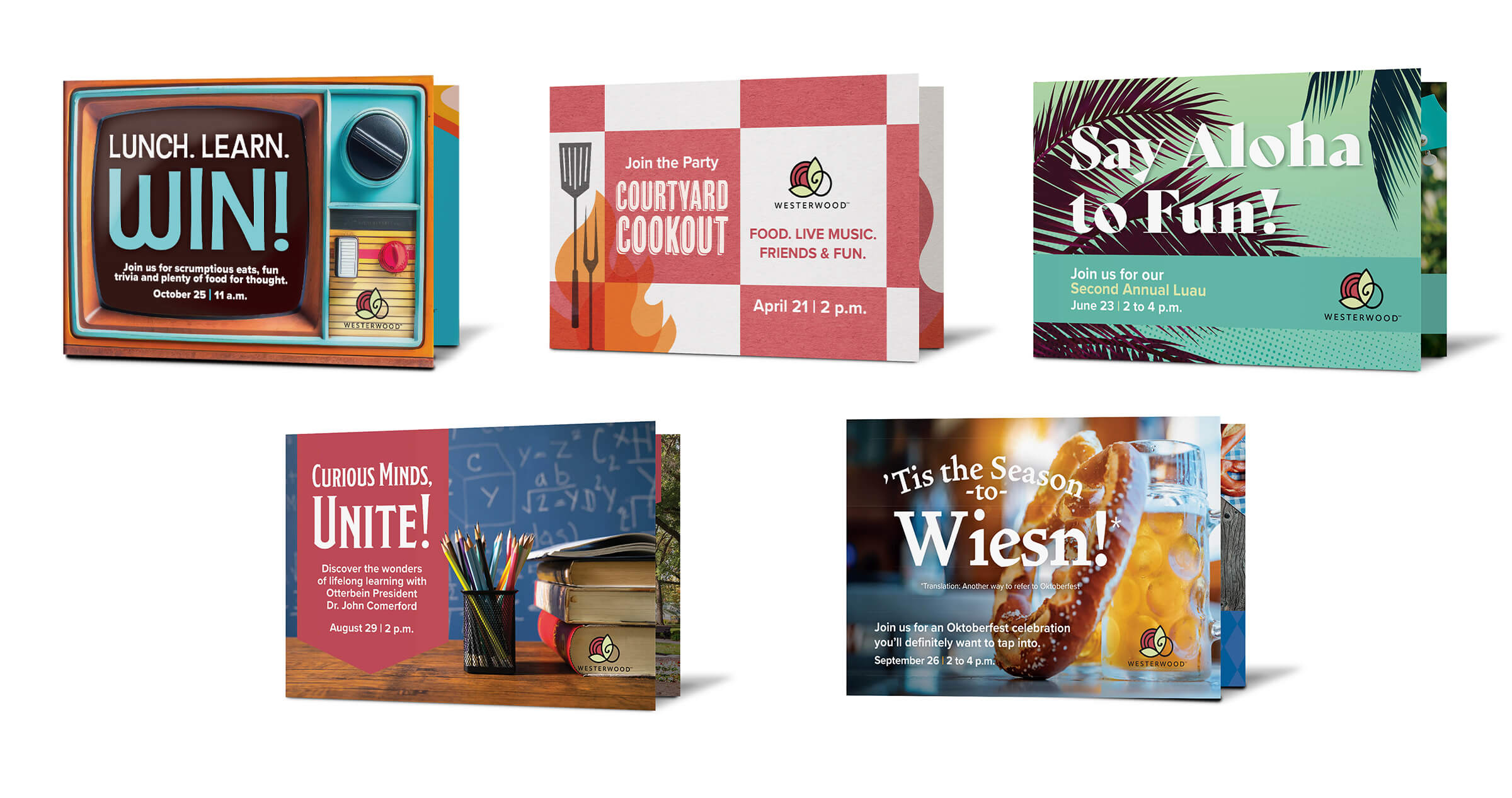 Five cover mockups of the direct mailers for Westerwood.